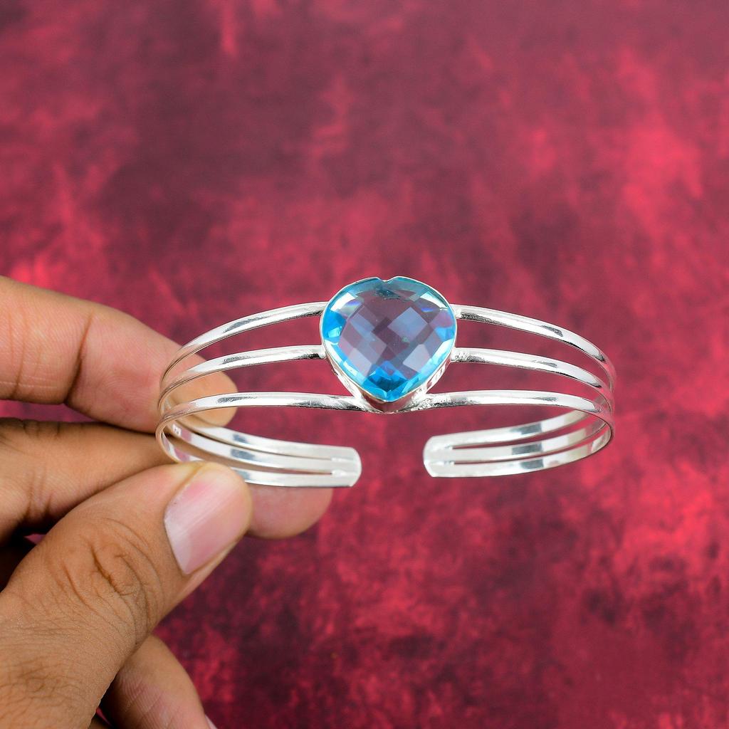 Blue Topaz Bangle, 925 Solid Sterling Silver Gemstone Bangle, Handmade Bangle, For Thanksgiving