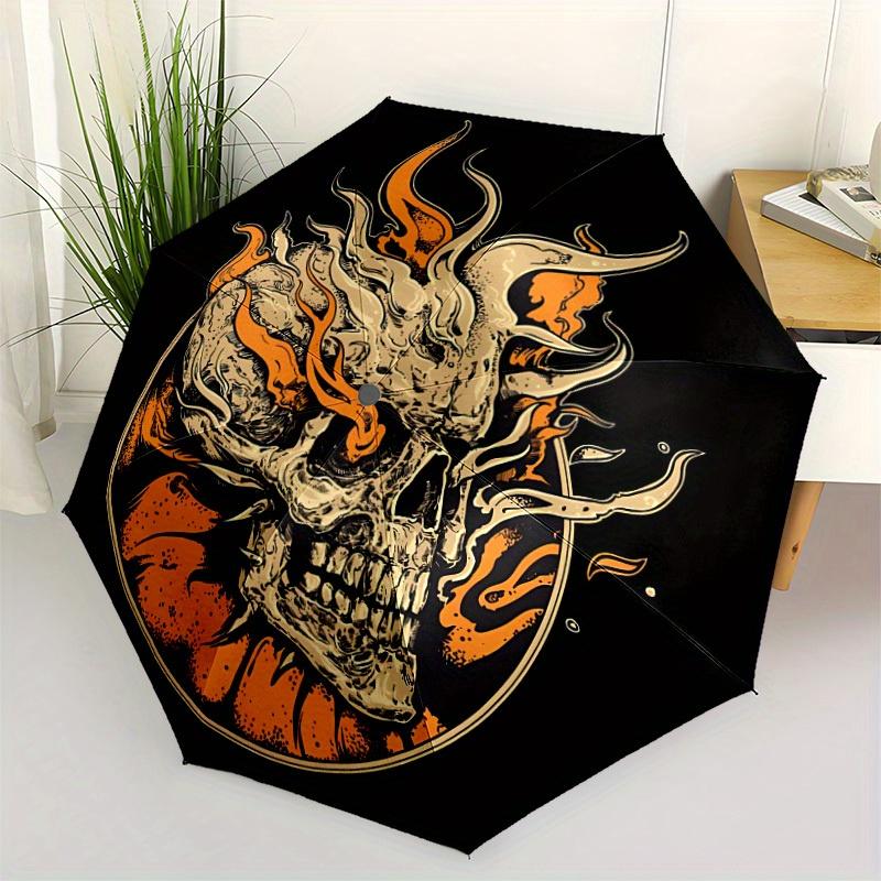 1pc Skull Flames Automatic Open 8-Rib Windproof Umbrella, Travel & Commuting, Suitable for All Seasons