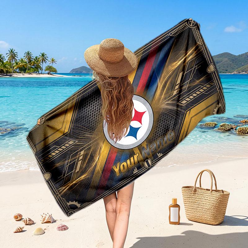 Pittsburgh Steelers Customized Name Text Beach Towel, Soft Absorbent Towel Beach Pool Travel Personal Gift
