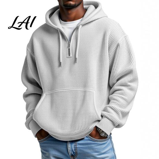 Comfortable Breathable Fabric Sweatshirt Men Waffle Texture Sweatshirt Loose Fit Long Sleeve Pullover Tops with Street Style Front Pocket,