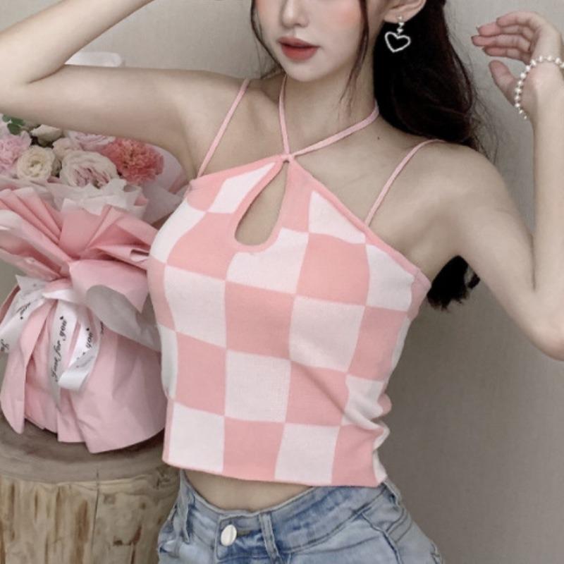 Внутри Spice Girl Маленький жилет с лямкой через шею Женский летний новый дизайн Sense Outside Wearing Plaid Halter Top Woman
