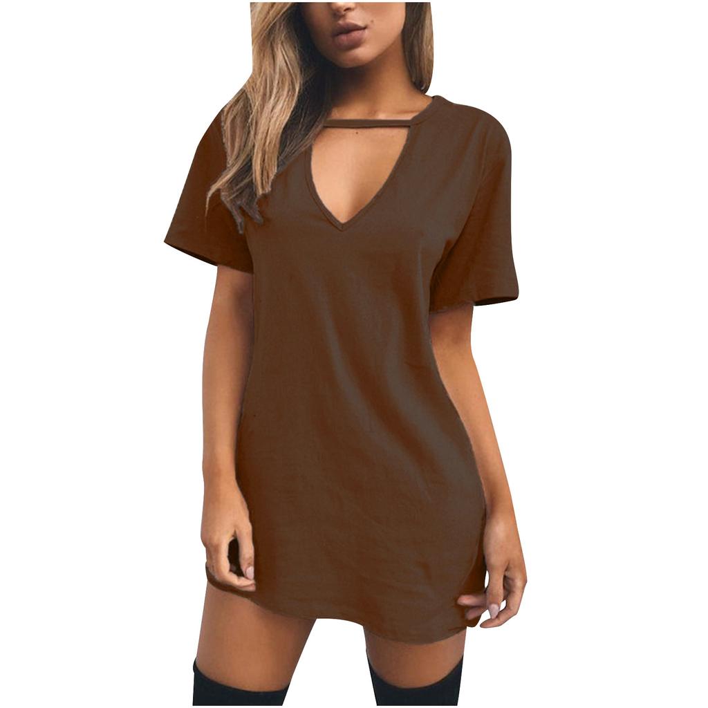 Fashion Women Casual Short Sleeve V-Neck Solid Ladies Hollow Out Mini Dress