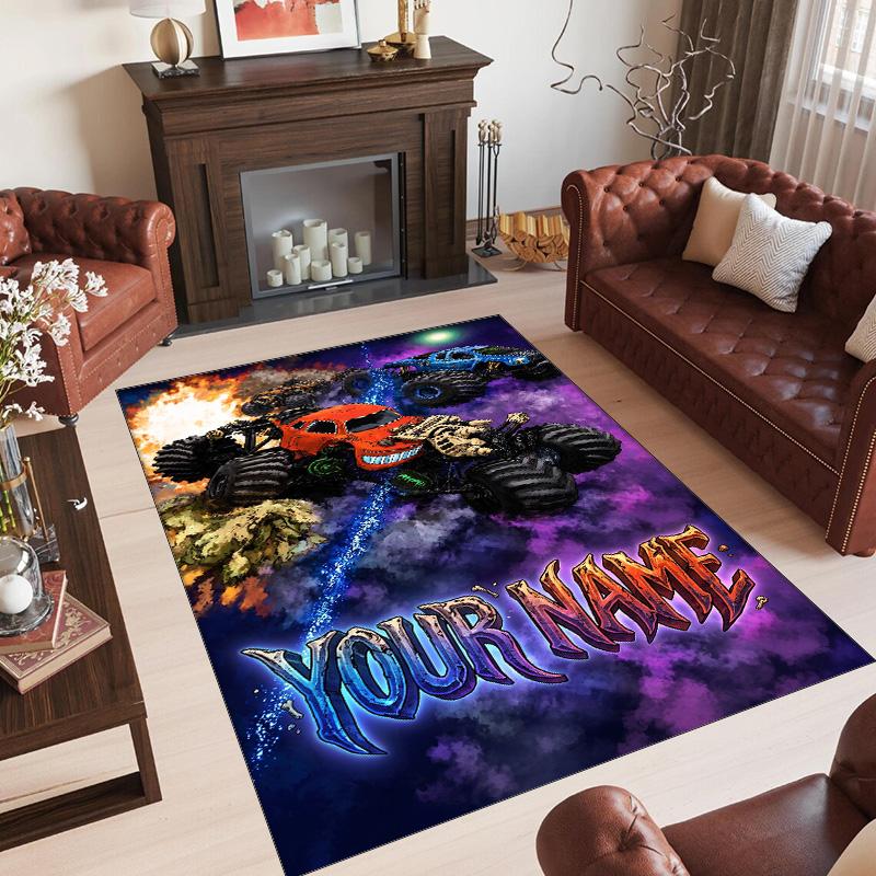 Monster Truck Theme Crystal Velvet Rug Personalized Custom Name Text Soft Floor Mat Home Decor