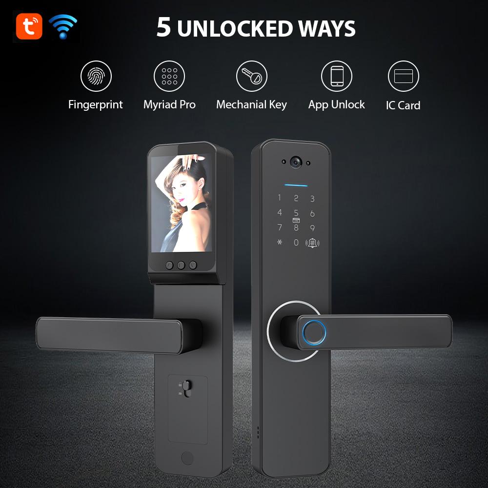 Smart Lock with 120 degrees  Wide Angle Camera and Smart Doorbell Aluminum Alloy Keyless Entry Lock Handle Biometric for 35-60mm   Home