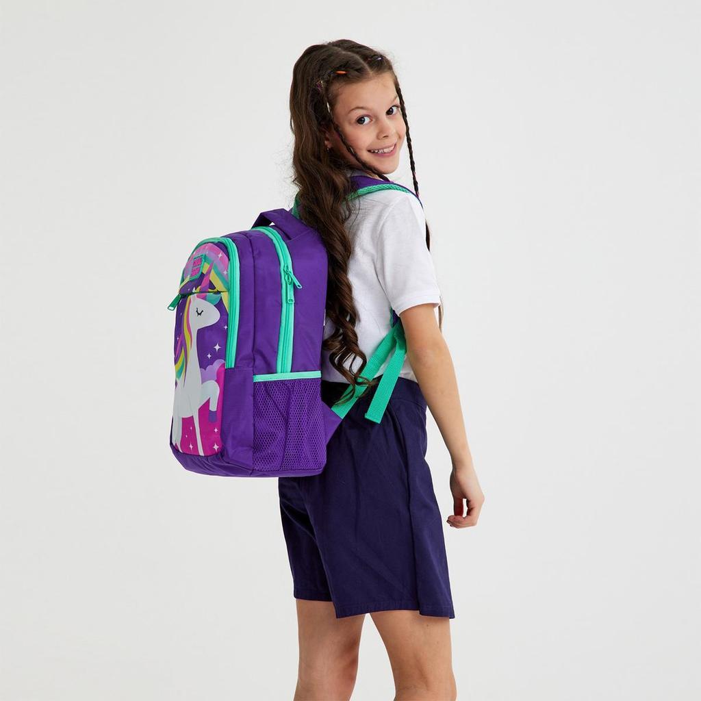 Школьный рюкзак с тремя отделениями Coral High Kids, фиолетовый, водно-зеленый, с рисунком единорога, 14376
