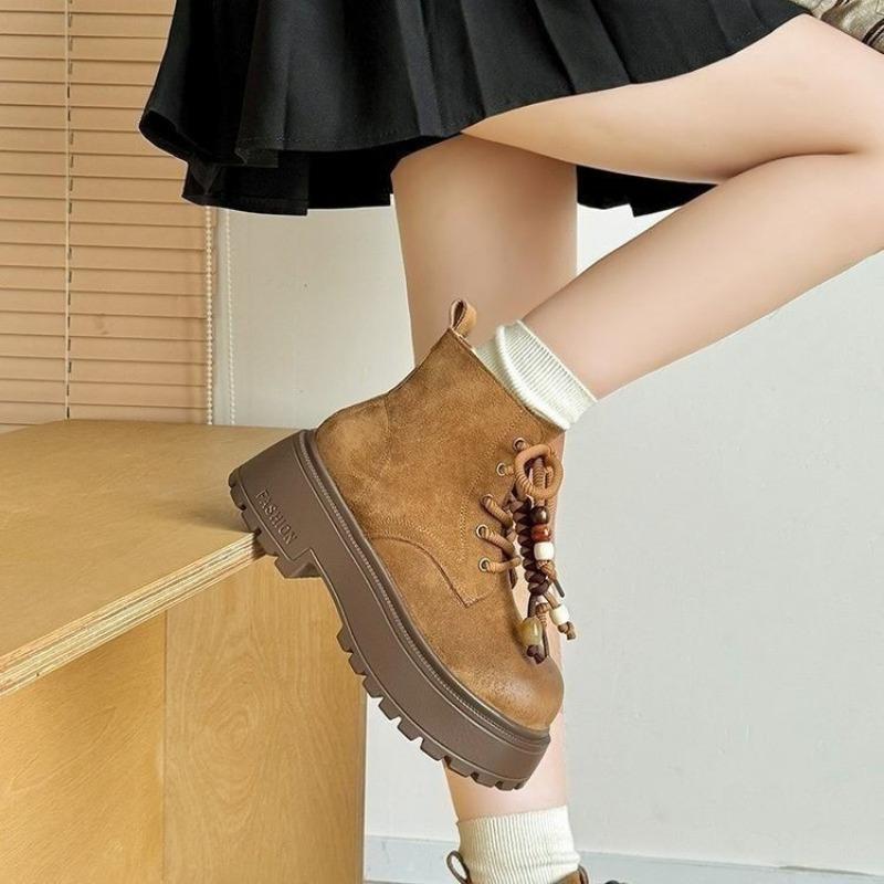 Ретро ботинки Мартин на толстой подошве с увеличением высоты женские осенние новые модные ботильоны в стиле Майяр, ботинки-локомотивы цвета ревеня