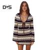 Women's Swimwear Cover-Up Striped Crochet Hollow Out Mesh Beach Dress V-Neck Tie Front Long Sleeve Summer Bathing Suit for Beach Vacation