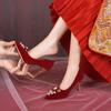 Spring Pearl Flower Wedding Bride Shoes Women Red Slip -On Thin Heels Pumps Woman Elegant High Heels Shoes For Female