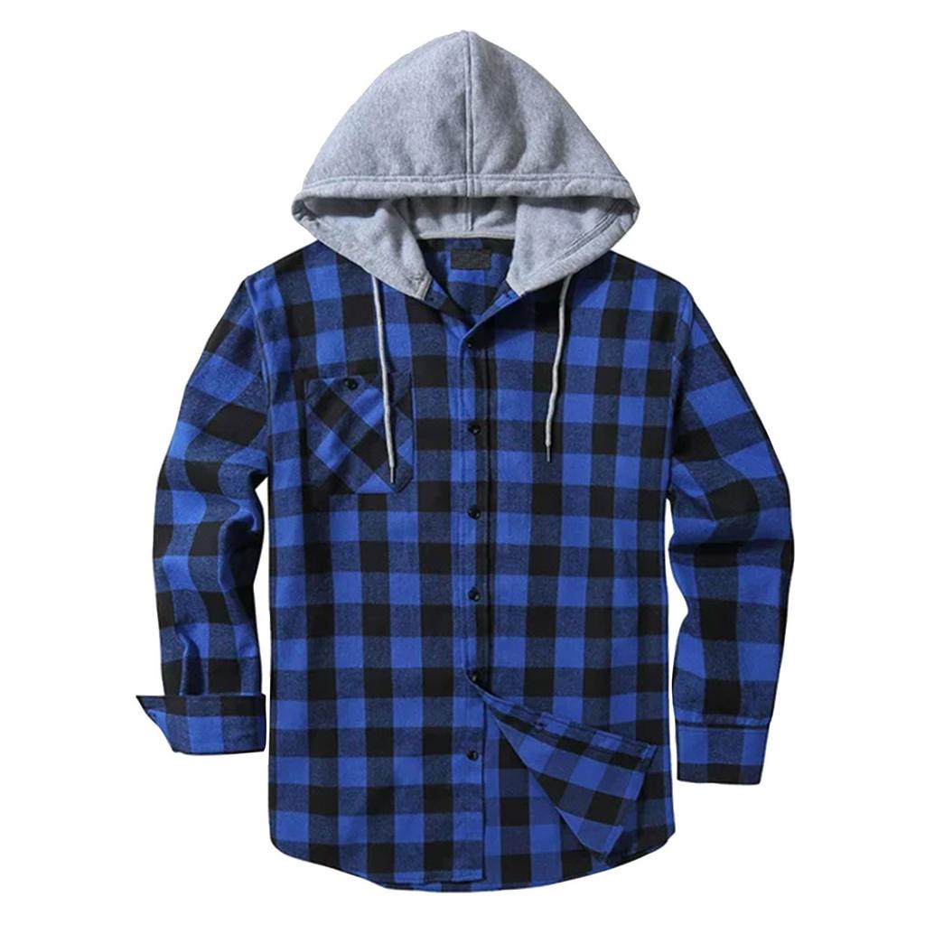 Men's Plaid Shirt Hooded Button Sweatshirt Men's Casual Fashion Sweatshirt
