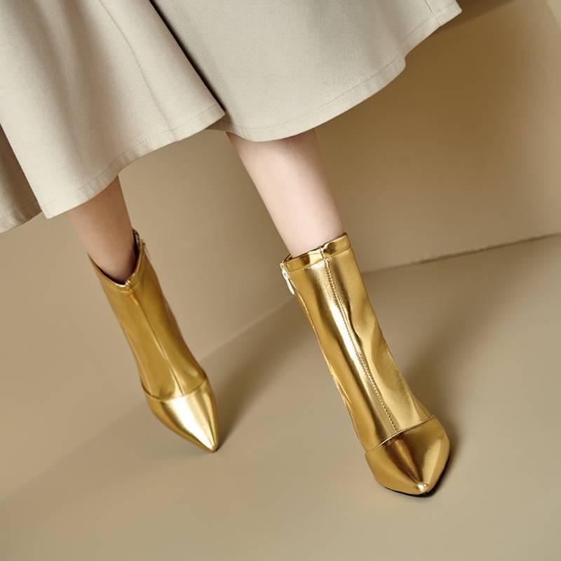 Autumn and Winter Gold Women's Fashion Boots Solid Color Rubber Sole Pointed Middle Heel Large Size Women's Boots Zipper Stiletto Medium Boots