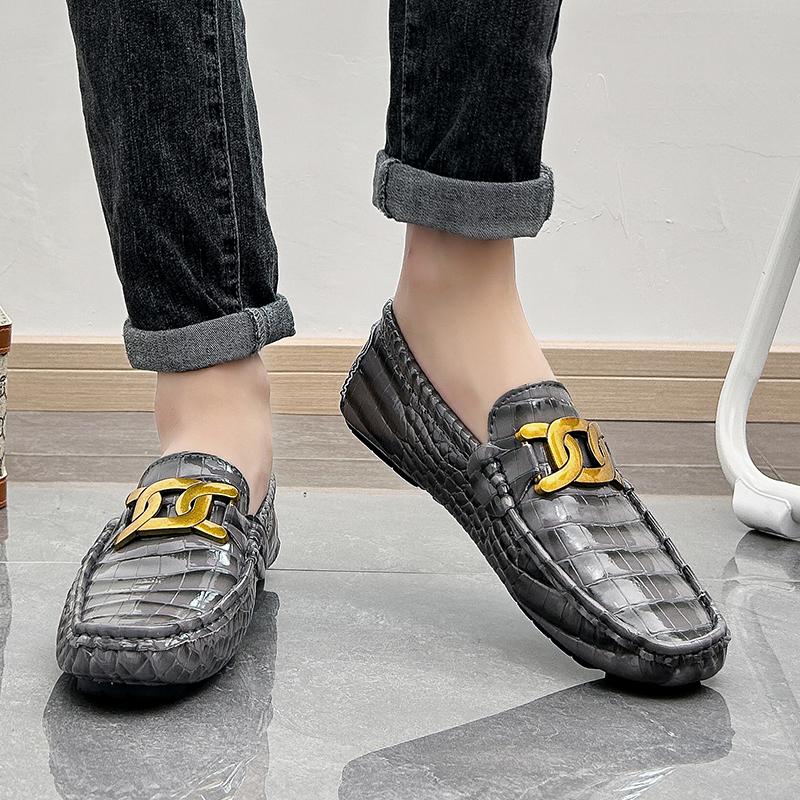 Мужские мокасины Туфли для вождения Комфортные кожаные лоферы Повседневные слипоны Большой размер Цвет Серый Горошек Обувь Большого размера