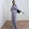 Autumn and winter new European and American women's clothing solid color zipper cardigan knitted wide-leg pants two-piece set for women