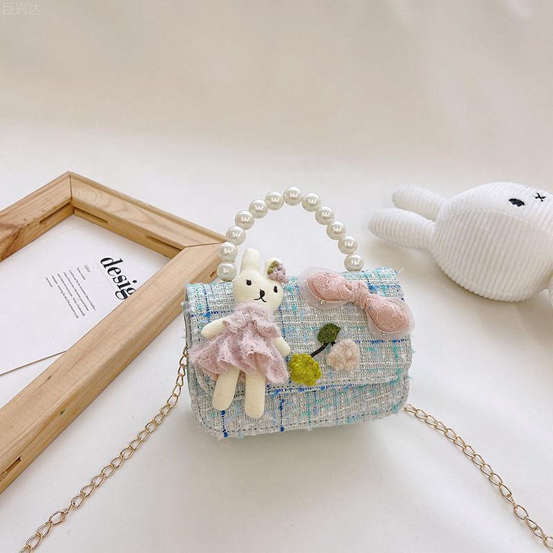 Fashionable Mini Children's Cotton And Linen Bag With Cute Rabbit And Pearl Accessories