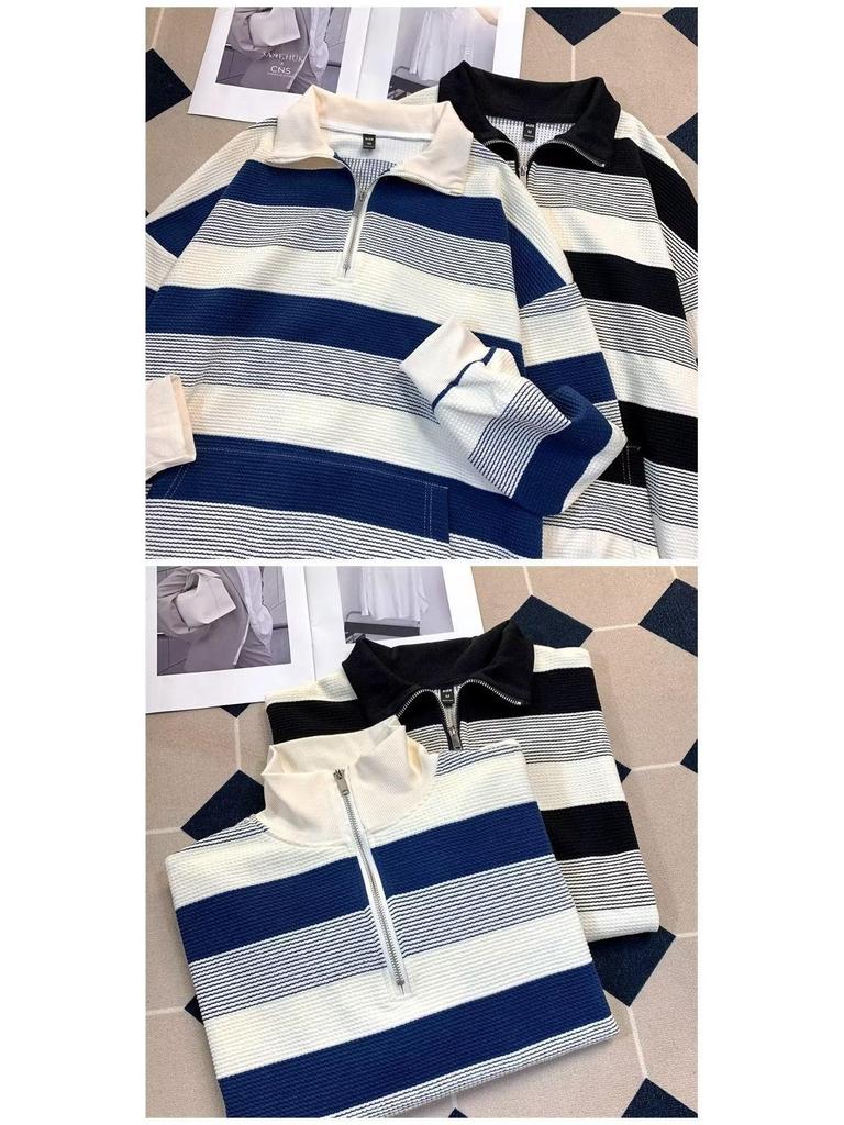 Унисекс ретро полосатая куртка свободного размера с длинными рукавами и полумолнией для осени и зимы