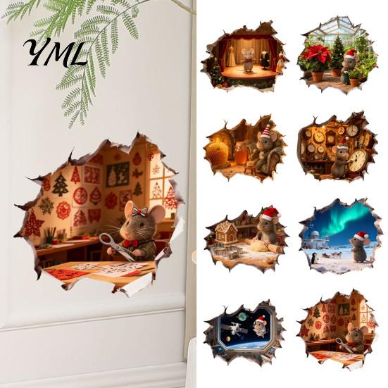 Winter Theme Wall Sticker 3D Christmas Mouse Hole Sticker, Waterproof PVC Decal, Creative Festive Decorative Scene Easy Apply for Holiday Living Room