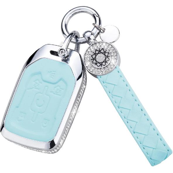 for Volvo Key Fob Cover with Keychain, Blue Leather Rhinestone Key Case Protection Shell Compatible with XC90, XC60, XC40, S60, S90, V60, V90,