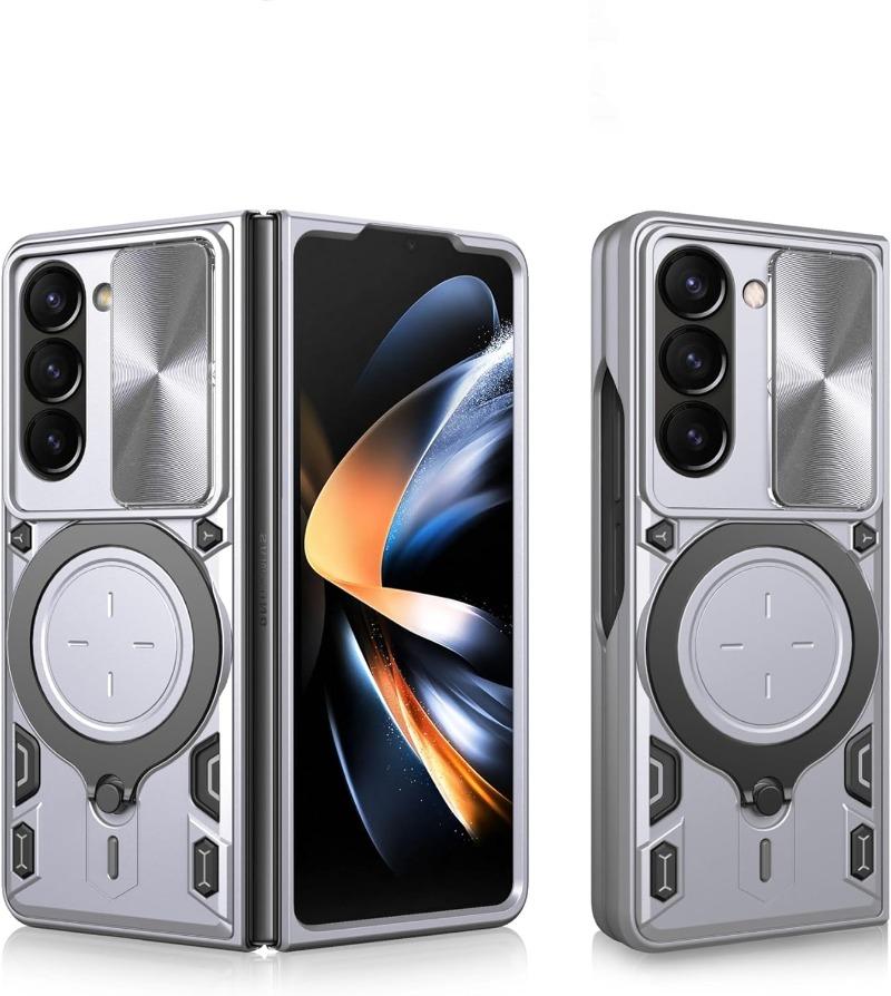 Чехол для Samsung Galaxy Z Fold 7 6 5 с магнитным креплением для камеры, защитным кольцом и подставкой на 360 градусов.