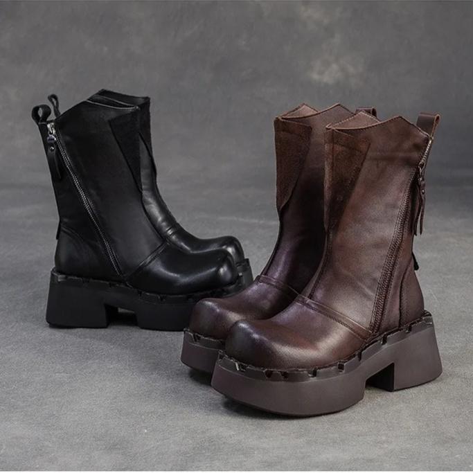 Johnature Genuine Leather Mid-calf Boots Retro Commuter Side Zipper Thick Heel Thick Bottom Women's Boots