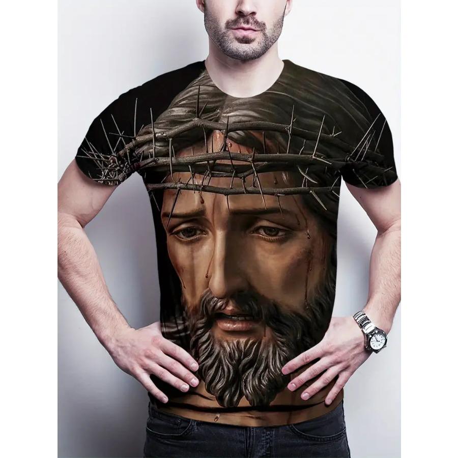 Men's 3D Cross Graphic Print Tee - Casual Short Sleeve Crew Neck T-shirt for Summer Outdoor Activities and Novelty Pajamas - Slightly Stretchy