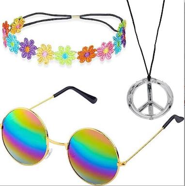 Hippie Costume Set 60's Style Circle Glasses Peace Sign Necklace Daisy Sunflower Headbands Dressing Accessory Hippie Party