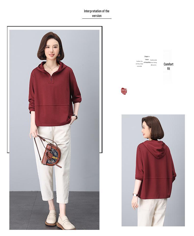 Trendy Hooded Sweatshirt for Middle-Aged Women - Spring/Autumn Patchwork Loose Fit, Plus Size, Long-Sleeve Top