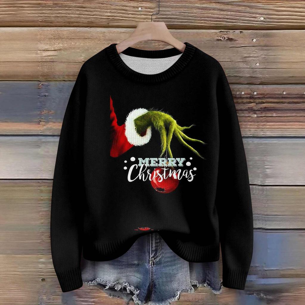 Пуловеры с длинным рукавом для женщин, с круглым вырезом, повседневные, милые, с принтом, вязаные, оверсайз