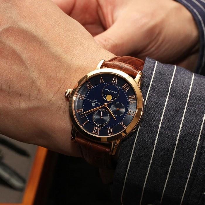 [Salvatore Marra] Watch Moon Phase Multi-Calendar 50m Waterproof Business Formal Men's Leather Strap Limited Edition Pink Gold Blue Brown