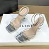 Sandals Summer French Fashion New Square Head Temperament Rhinestone One-word Buckle Strap Stiletto Women's Sandals