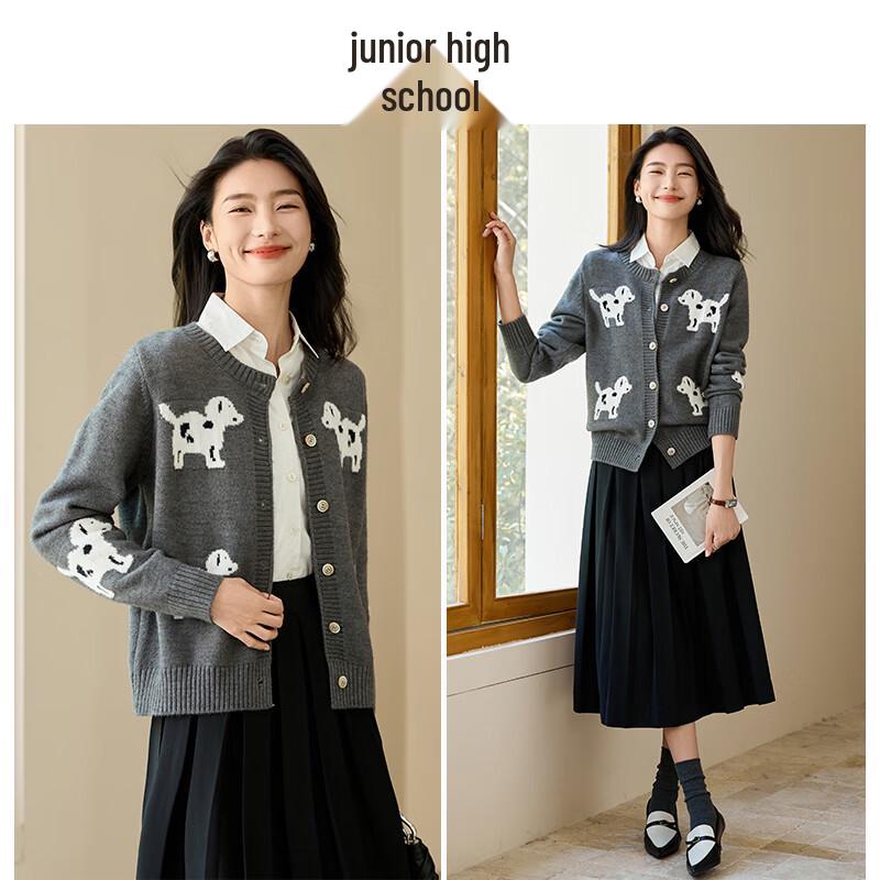 Женский толстый вязаный кардиган с круглым вырезом и узором щенков