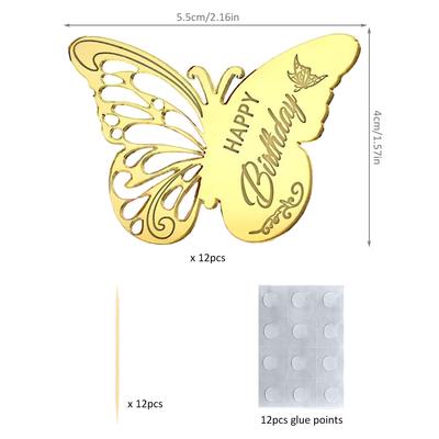 12 шт. акриловых топперов для кексов «С Днем рождения» в виде бабочек для вечеринки, гравированный зеркальный акриловый диск для торта для украшения кексов своими руками