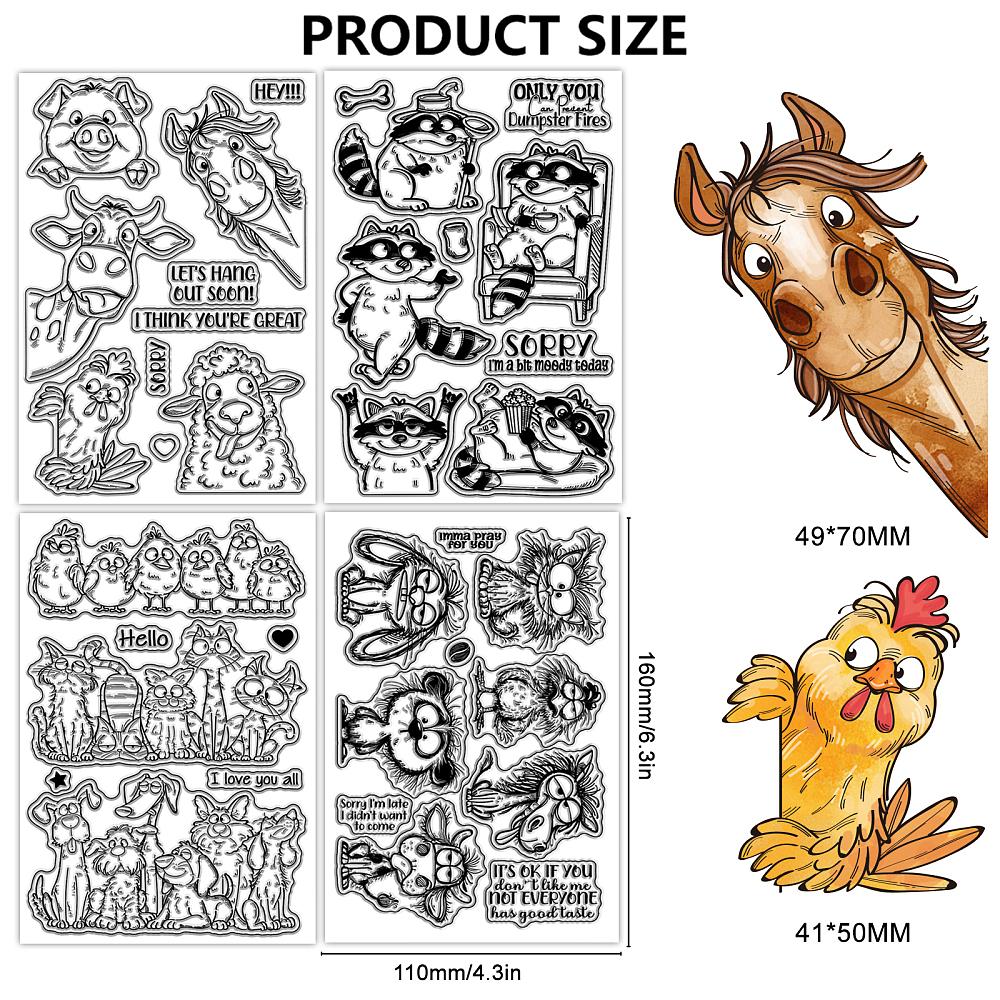 4 Sheets 4 Styles Funny Animals Theme PVC Plastic Clear Stamps for DIY Scrapbooking Photo Album Decorative Cards Making Mixed Shapes 160x110mm