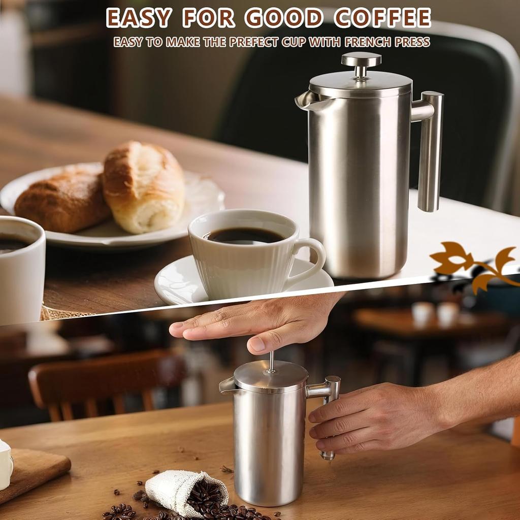 Full Stainless Steel French Press Coffee Maker 4 Cups, Double-Walled Insulated French Coffee
