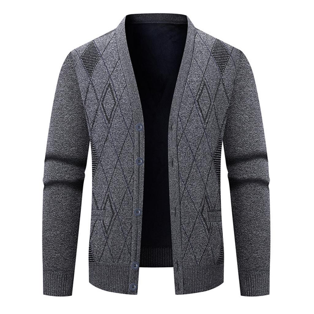 Men's V-neck Buttoned Fleece-lined Cardigan Sweater Long-sleeved Knitted Sweater Jacket