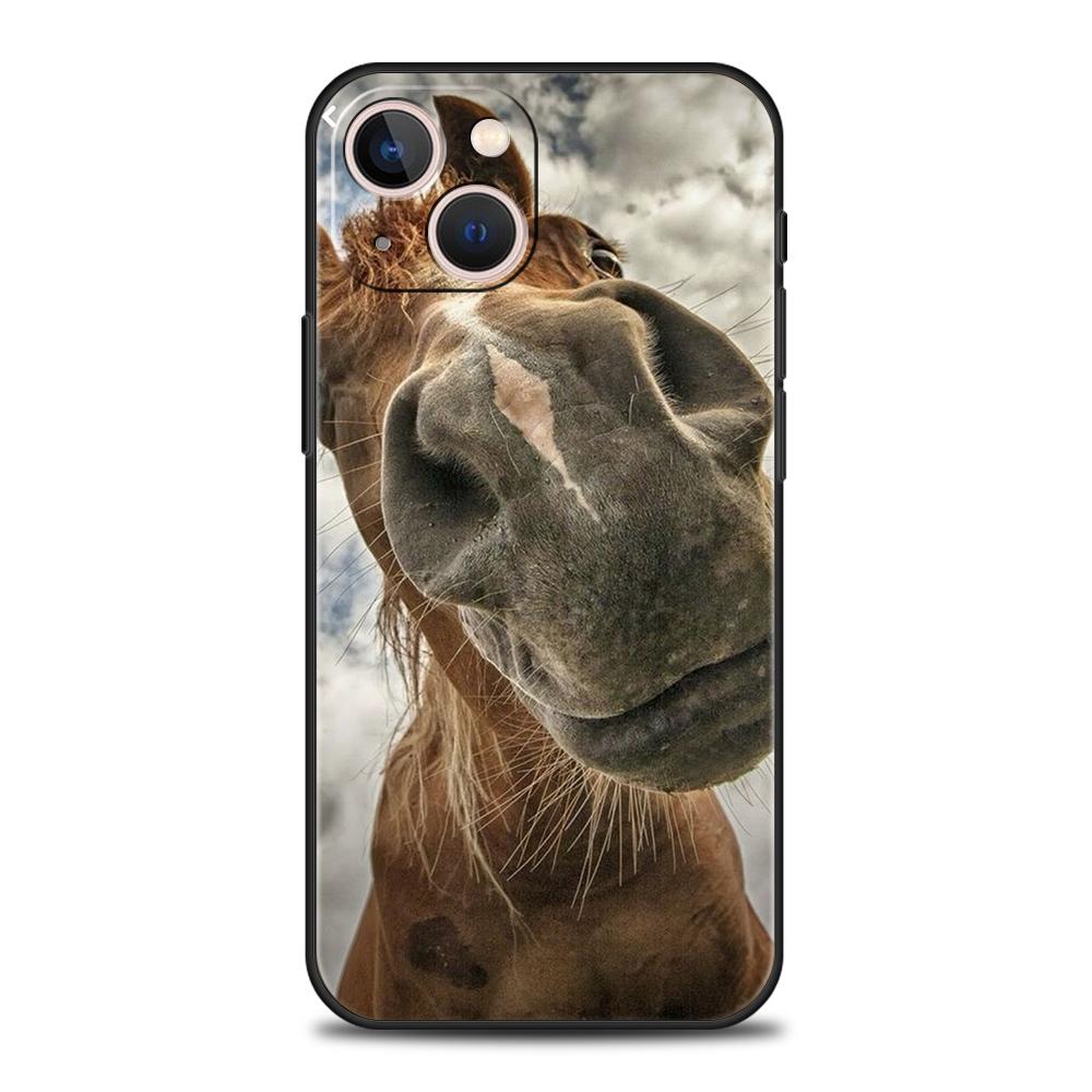 Роскошный мягкий чехол из ТПУ для iPhone 16 11 15 14 Pro MAX 12 13 7 8 Plus X XR XS SE 2022 Черный чехол Лошадь Животное
