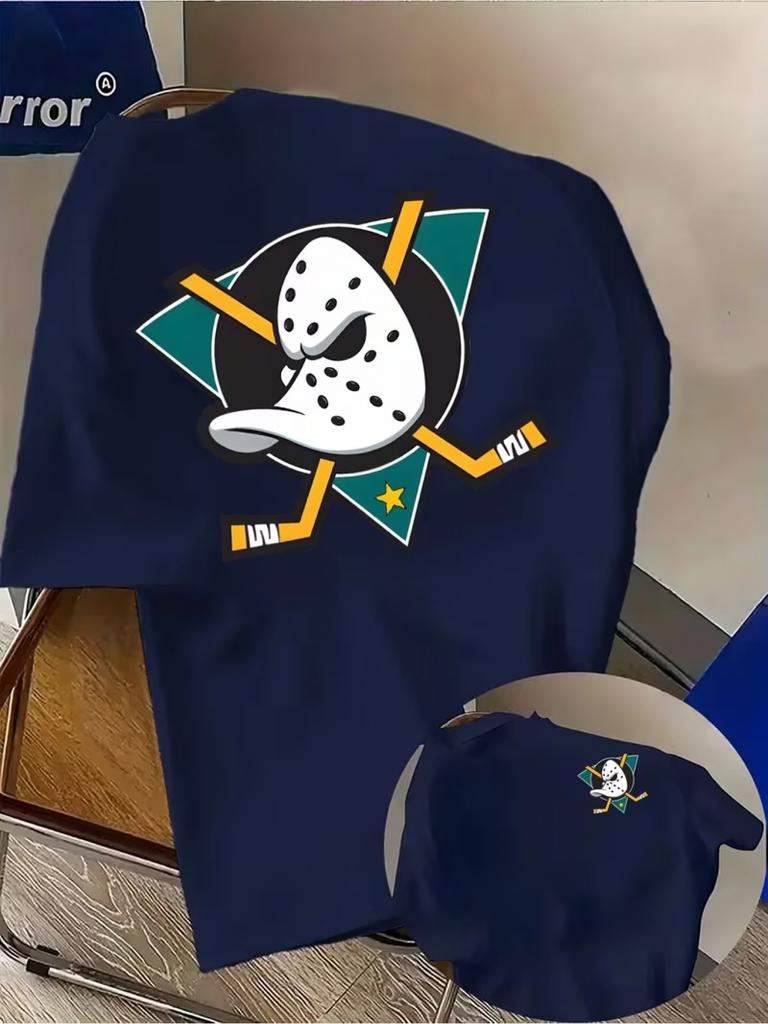 Unisex Crew Neck TShirt Cartoon Duck Ice Hockey Mask Graphic Print Oversized Casual Short Sleeve Tee