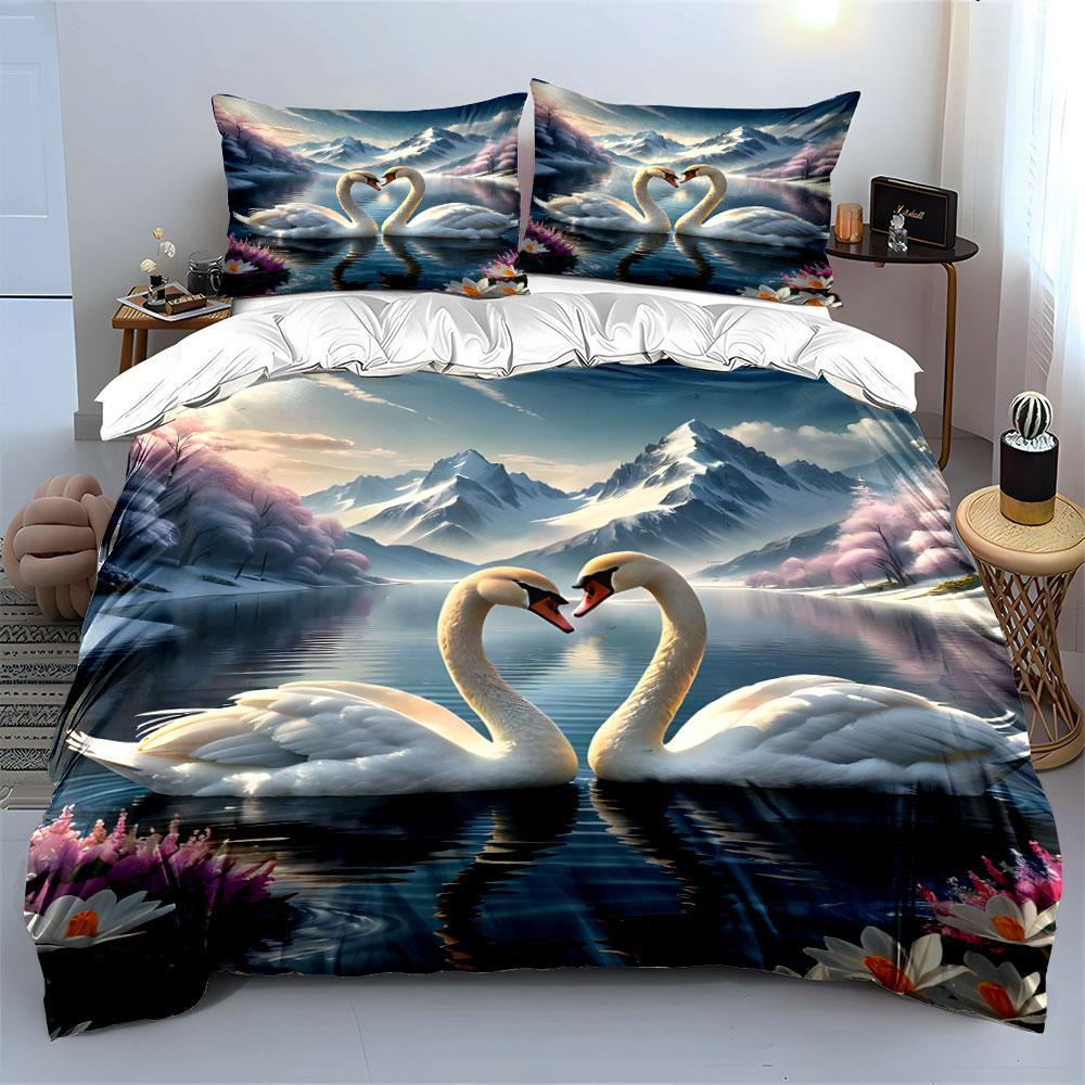 Two swans, mountain lake. Bedding sets Duvet cover sets Duvet covers Pillowcases(1 * Duvet Cover 2 * Pillowcases without duvet insert)