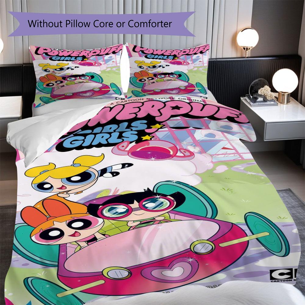 Cartoon Powerpuff Girls print children's duvet cover set, soft and skin-friendly, available in multiple sizes, bedroom bedding.