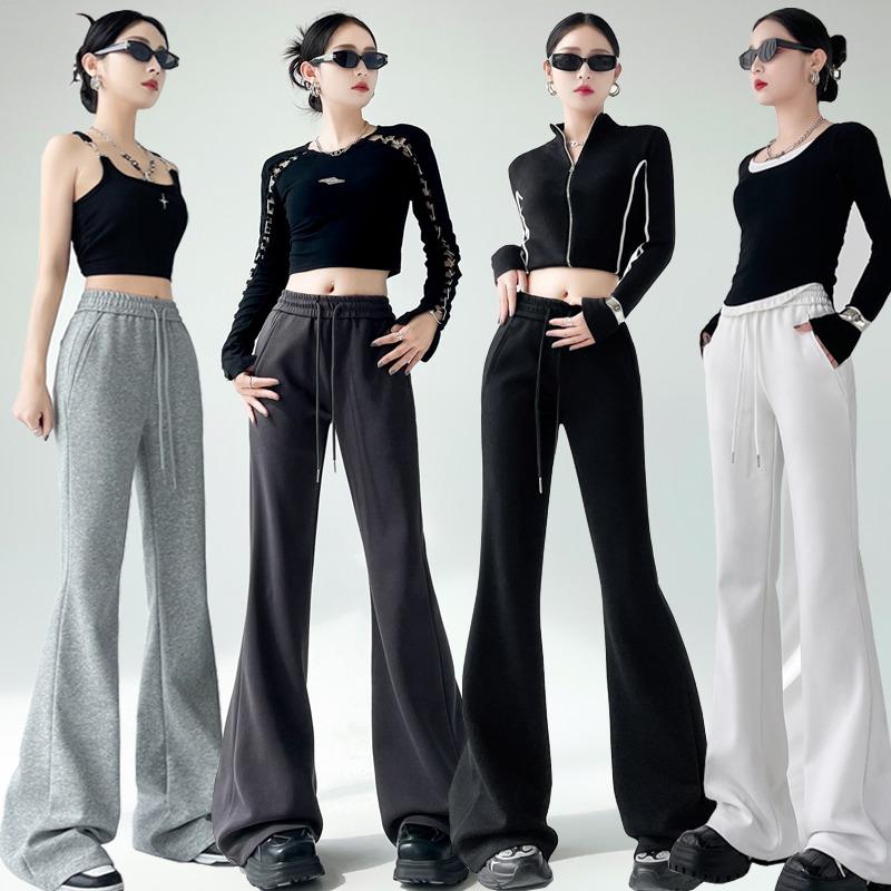 Элегантные женские повседневные брюки-клеш с широкими штанинами, новые модные свободные прямые брюки с высокой талией, женские однотонные простые офисные брюки со шнурком 2344