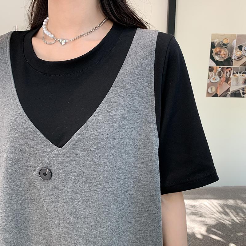 Dimanaf 2023 Plus Size Summer T-Shirt Dress Women Cotton Loose Dress O-Neck Vintage Fake Two-Piece Dress Short Sleeves Loose Casual Female Dresses