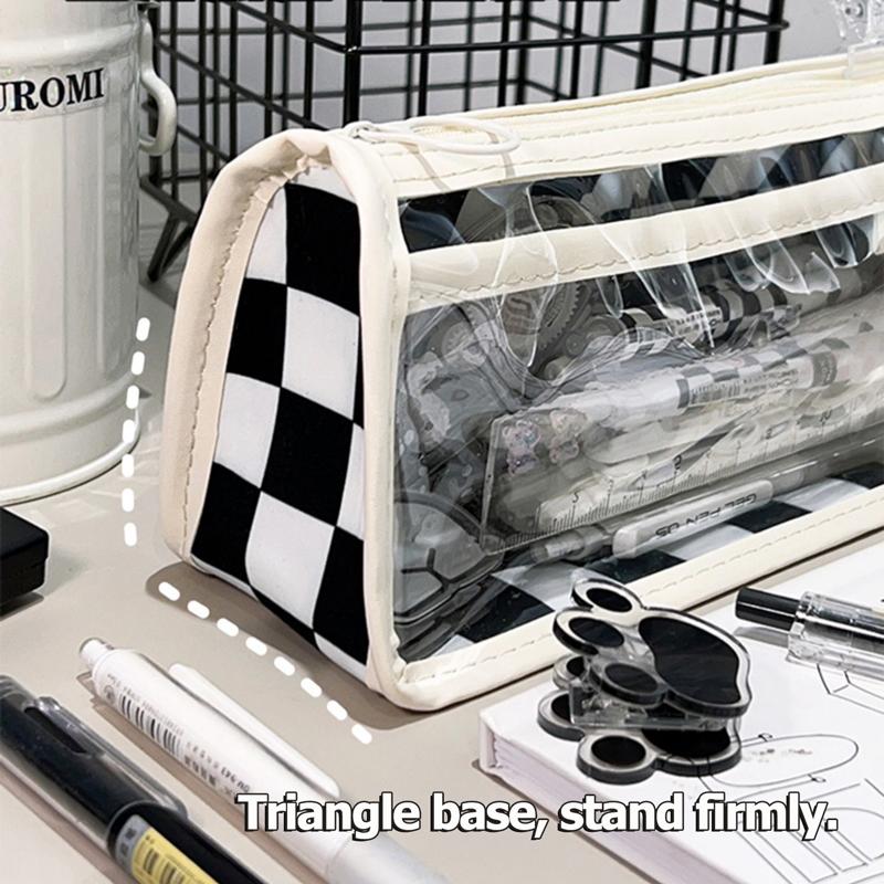 1 Pc Checkerboard Tranaparent Pen Bag Large Capacity Pencil Case School Supplies Cute Korean Stationery for Students ZPG