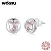 Original 925 Sterling Silver Butterfly Stud Earrings Ear Studs with Pink Glass Fine Jewelry For Women Girl Love Gift