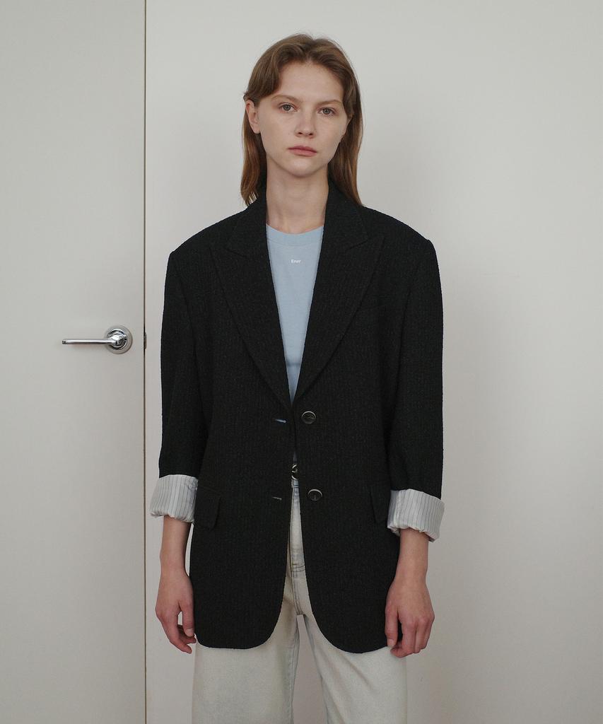 En Or Stripe Tweed Single Jacket - Black