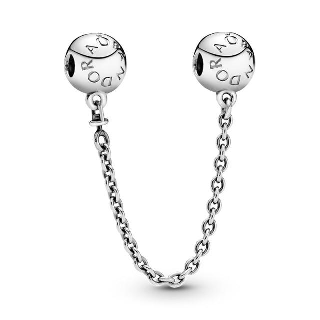 925 Sterling Silver Sparkling Clear Sparkle Flower Safety Chain Charm Bead Fit Original Bracelet Pendant DIY Jewelry