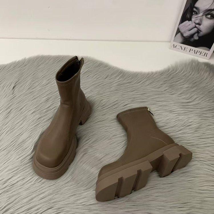 Осенние и зимние сапоги на толстой подошве Женские сапоги Весенние сапоги с подкладкой Ботильоны скинни Французские корейские короткие сапоги