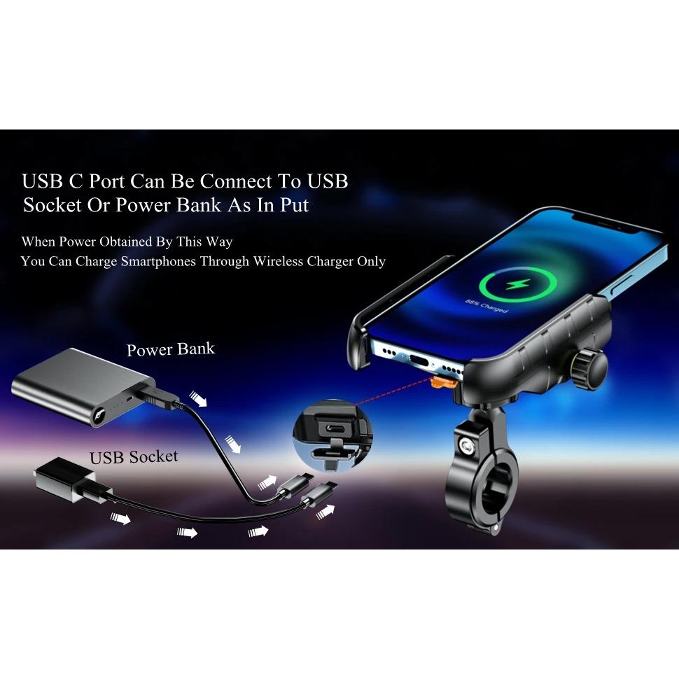 Motorcycle Phone Holder Mount With Qi 15W Wireless Charger & 20W USB-C Fast Charging Port with C To C Cable for 4-8" Phones