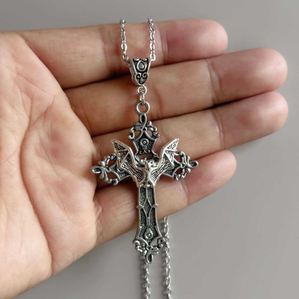 Барочное колье с подвеской в виде летучей мыши, Готическая подвеска в виде креста, Винтажное богемное колье, Ювелирные изделия в стиле 80-х