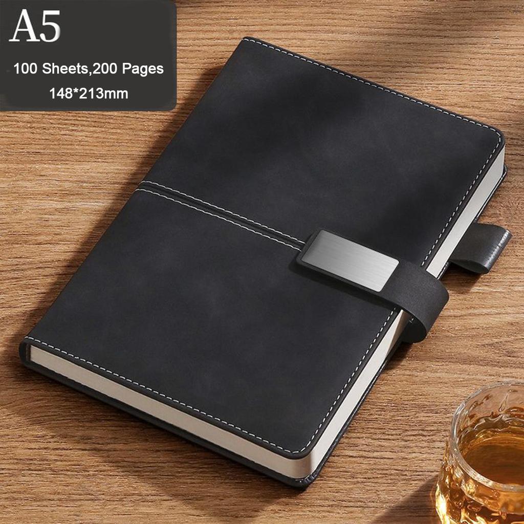 A5 Thickened Business Leather Buckle Notepad, Student Study Notebook, Work Meeting Record Book, Diary, 100 Sheets 200 Pages