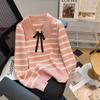 Bow Doll Collar Striped Base Shirt Autumn Long Sleeved Slim Fit Sweet Anti-aging Top Knitted Sweater Women's Clothing