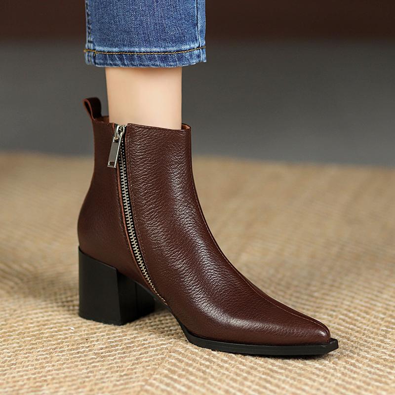 Fashion 2024 New Autumn Winter Genuine Leather Women Boots Fashion Pointed Toe Chelsea Boots Chunky High Heels Women Shoes Ankle Boots