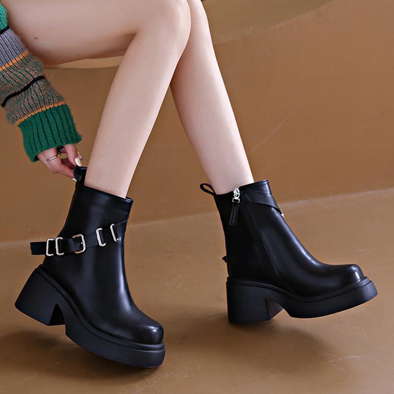 Мода Модные ботильоны на толстом каблуке женские осенне-зимние короткие плюшевые ботинки на платформе женские с пряжкой на ремне готические из искусственной кожи Botas Mujer